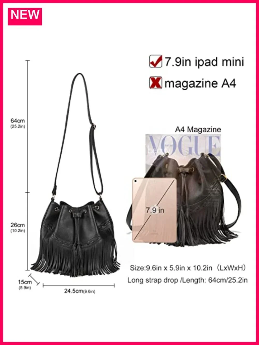 Faux Leather Fringe Bucket Bag Crossbody Purse with Drawstring Tassel Hobo